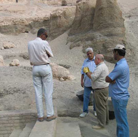 Outside the monument. Mr. Yasser, SCA Inspector; Dr. Holeil Gahly, Upper Egypt Manager; Mr. Francisco Martn Valentn, Project Manager; Mr. Mahmud, SCA Inspector